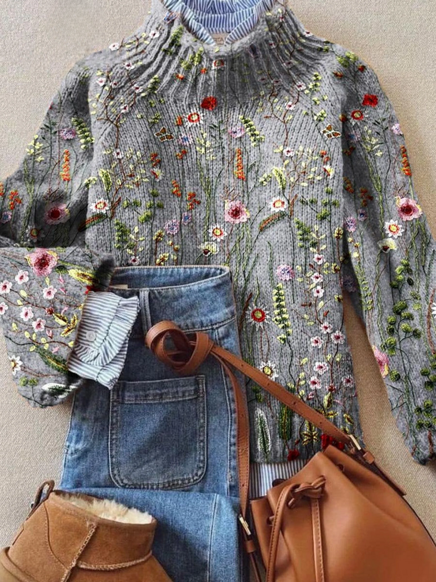 Loisa – Vintage Floral Roll Neck Knitted Sweater