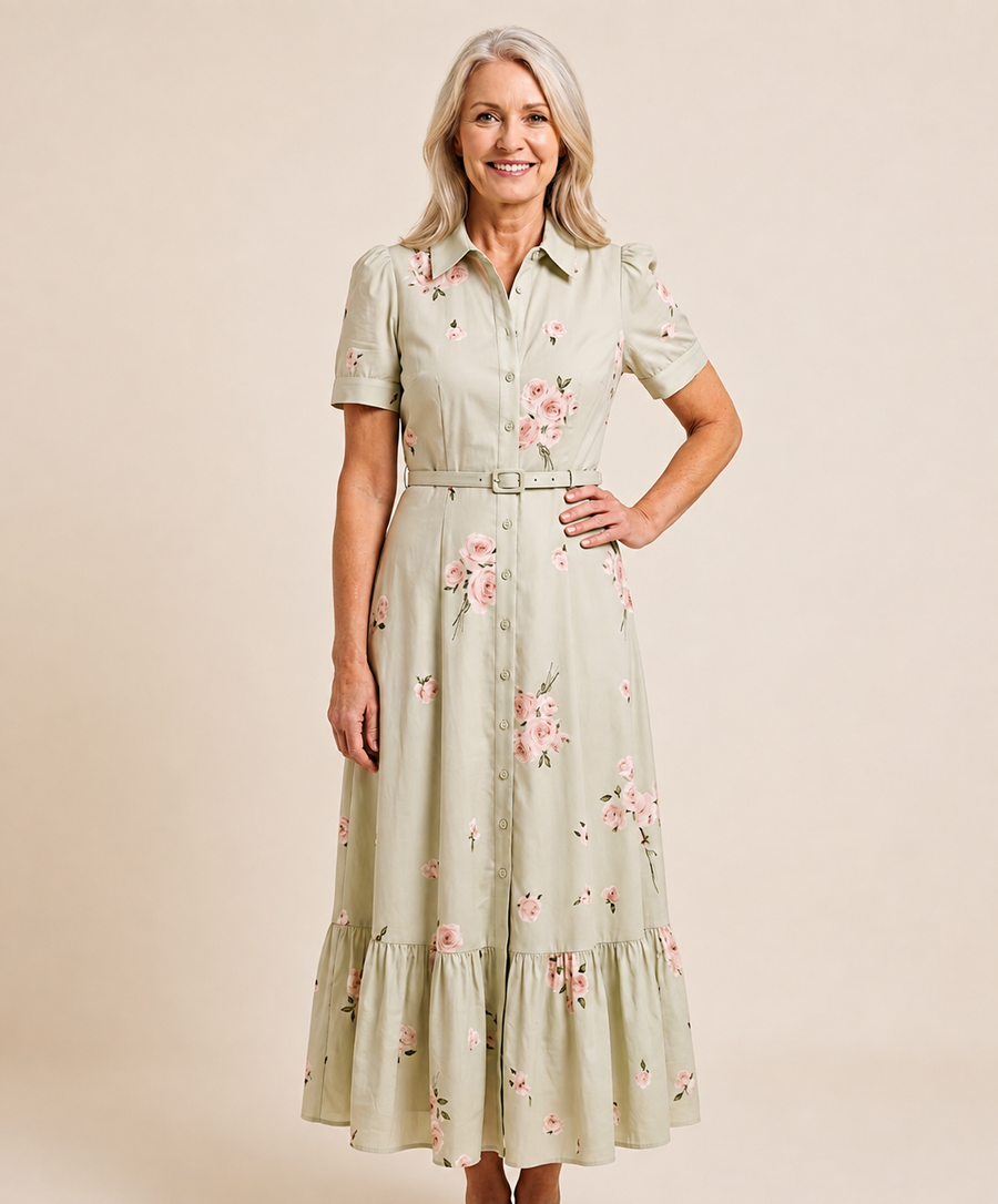 Rosalie™ Belted Rose Print Midi Shirt Dress