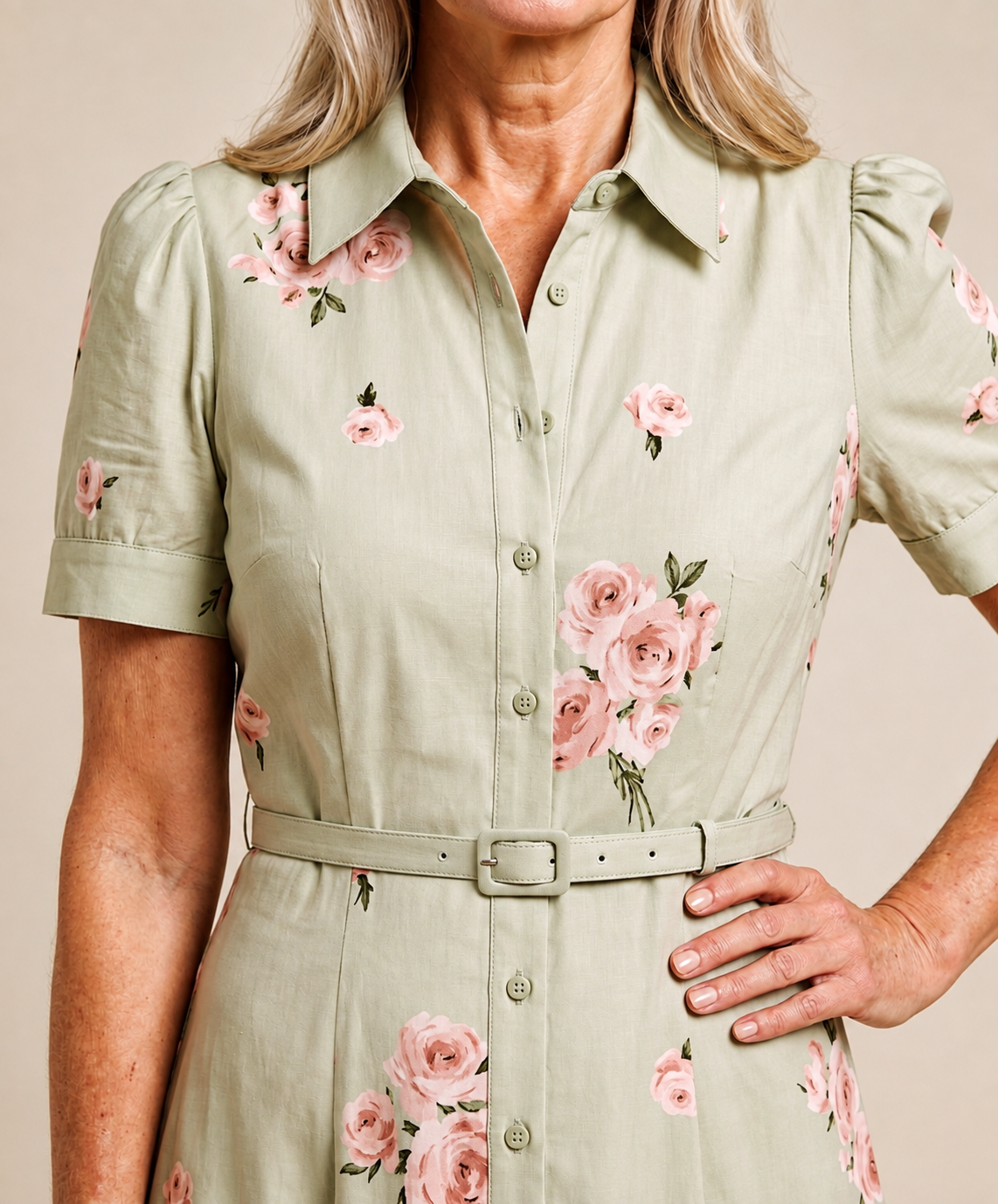 Rosalie™ Belted Rose Print Midi Shirt Dress