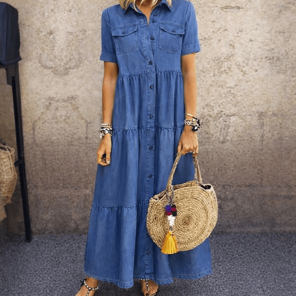 Elowen | Button-Front Denim Midi Dress - Rosalind Lane