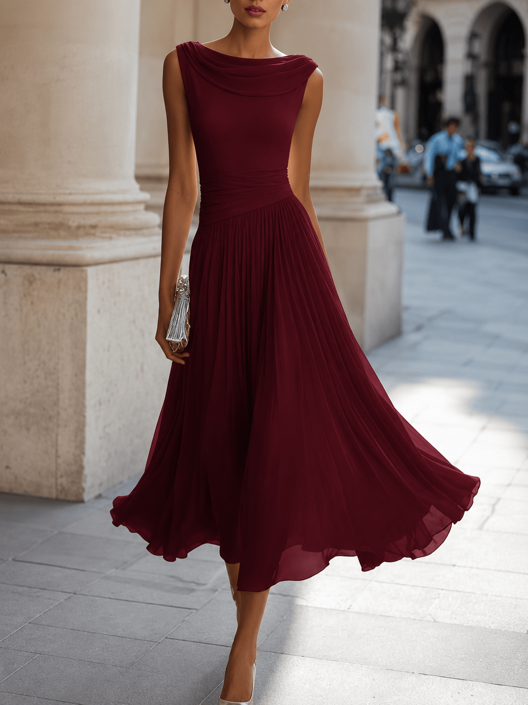 Adeline™ | Draped Cowl Neck Midi Dress - Rosalind Lane