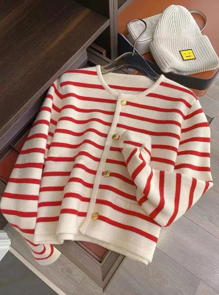 STRIPED BUTTON KNIT CARDIGAN