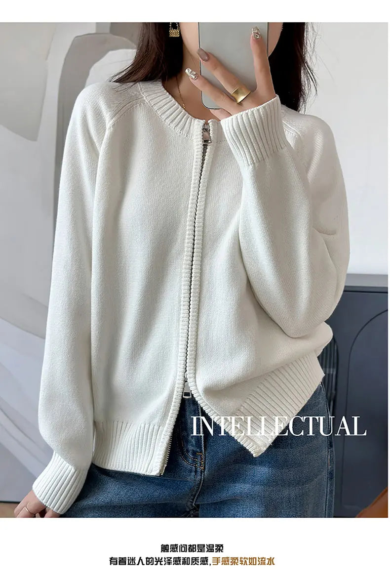 YTFidio 100% Cotton Women O-neck Thick Zipper  Solid Cardigan Luxury Designer Clothing Woman Pullover Female Tops 401