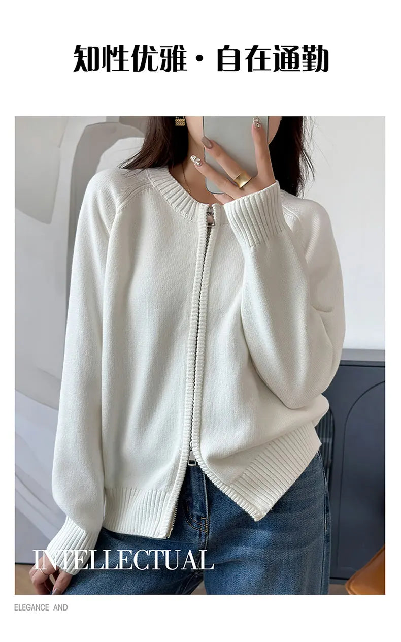 YTFidio 100% Cotton Women O-neck Thick Zipper  Solid Cardigan Luxury Designer Clothing Woman Pullover Female Tops 401