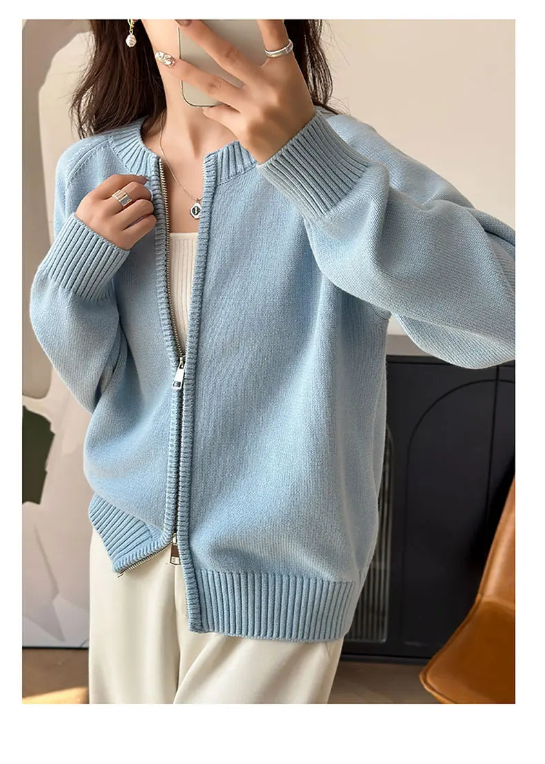 YTFidio 100% Cotton Women O-neck Thick Zipper  Solid Cardigan Luxury Designer Clothing Woman Pullover Female Tops 401