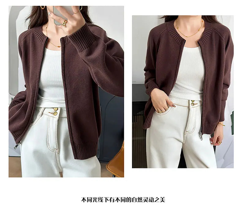 YTFidio 100% Cotton Women O-neck Thick Zipper  Solid Cardigan Luxury Designer Clothing Woman Pullover Female Tops 401