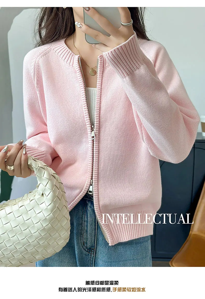 YTFidio 100% Cotton Women O-neck Thick Zipper  Solid Cardigan Luxury Designer Clothing Woman Pullover Female Tops 401
