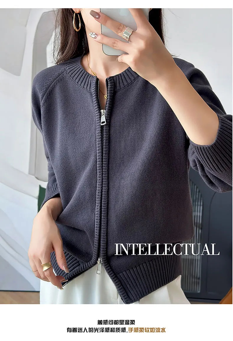 YTFidio 100% Cotton Women O-neck Thick Zipper  Solid Cardigan Luxury Designer Clothing Woman Pullover Female Tops 401