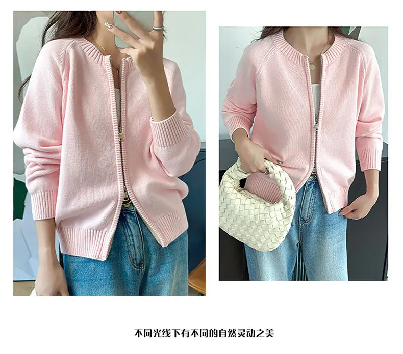 YTFidio 100% Cotton Women O-neck Thick Zipper  Solid Cardigan Luxury Designer Clothing Woman Pullover Female Tops 401