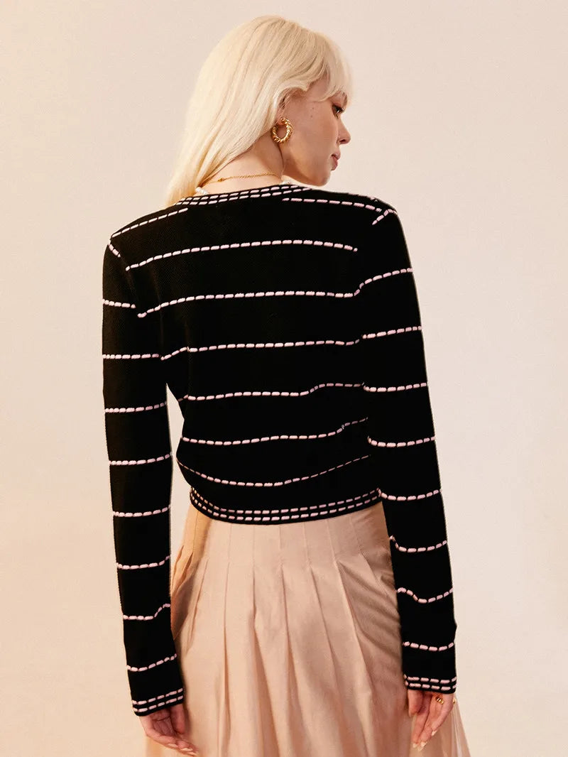 Striped 100% pure wool knitted cardigan women's round neck pearl button sweater jacket, spring autumn high-end slimming sweater