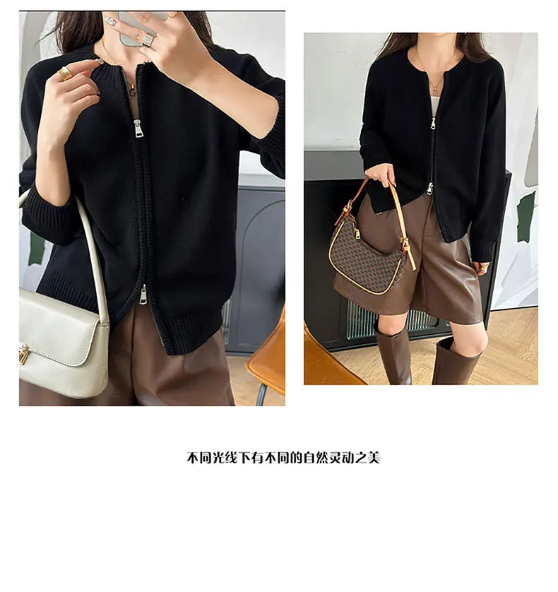 YTFidio 100% Cotton Women O-neck Thick Zipper  Solid Cardigan Luxury Designer Clothing Woman Pullover Female Tops 401
