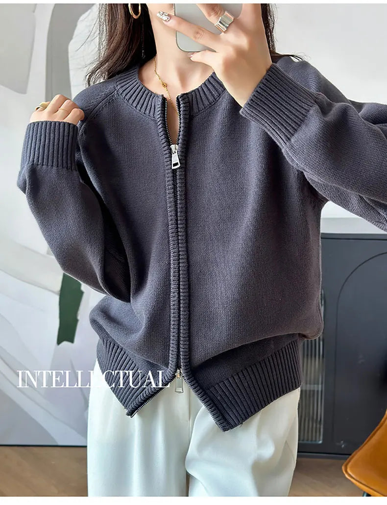YTFidio 100% Cotton Women O-neck Thick Zipper  Solid Cardigan Luxury Designer Clothing Woman Pullover Female Tops 401