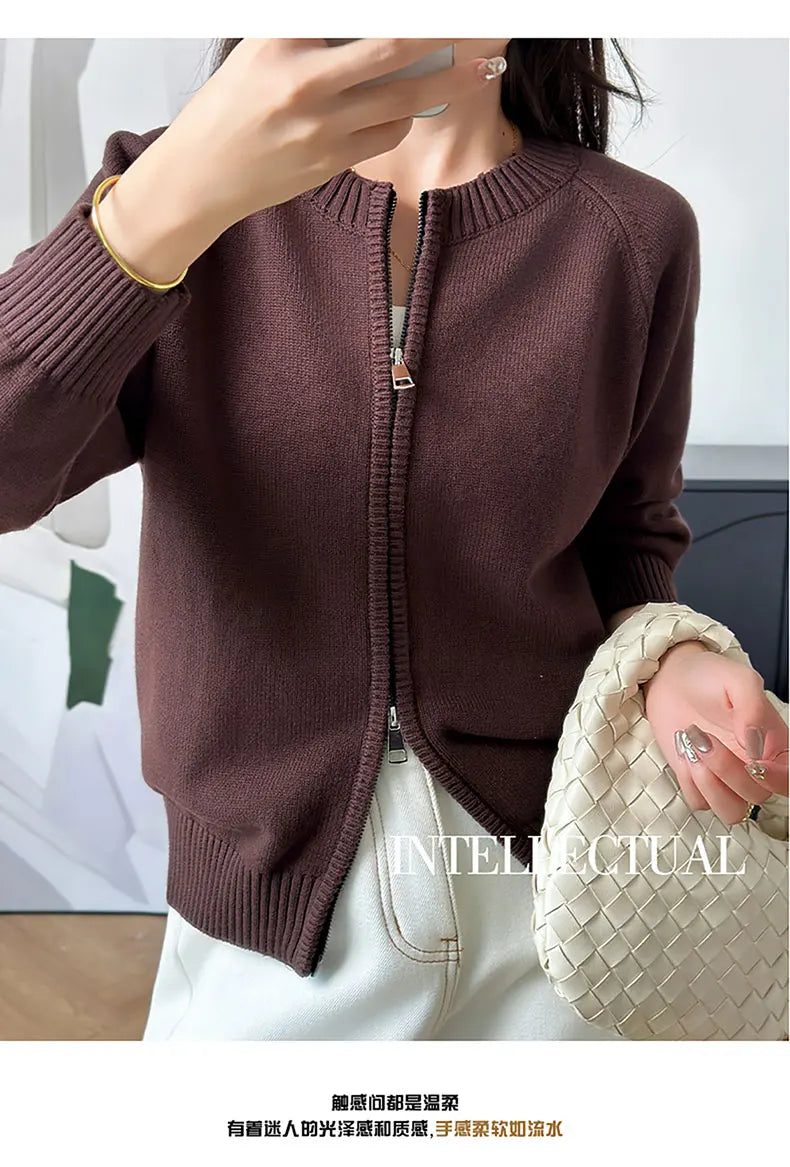 YTFidio 100% Cotton Women O-neck Thick Zipper  Solid Cardigan Luxury Designer Clothing Woman Pullover Female Tops 401