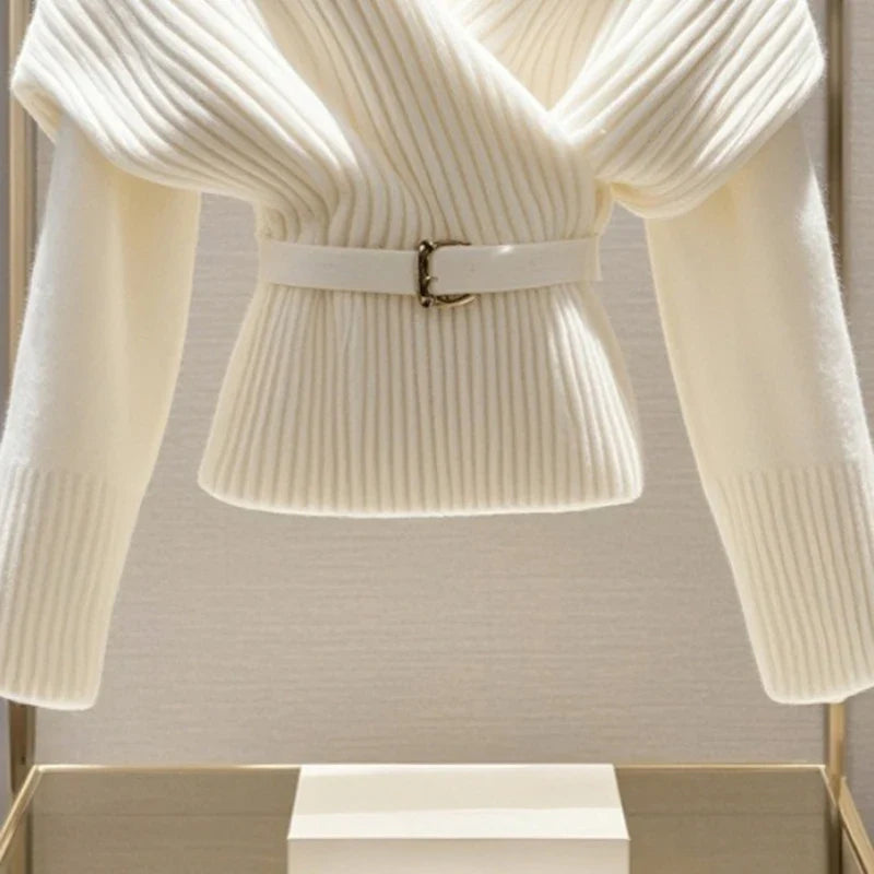 BELTED WRAP KNIT TOP