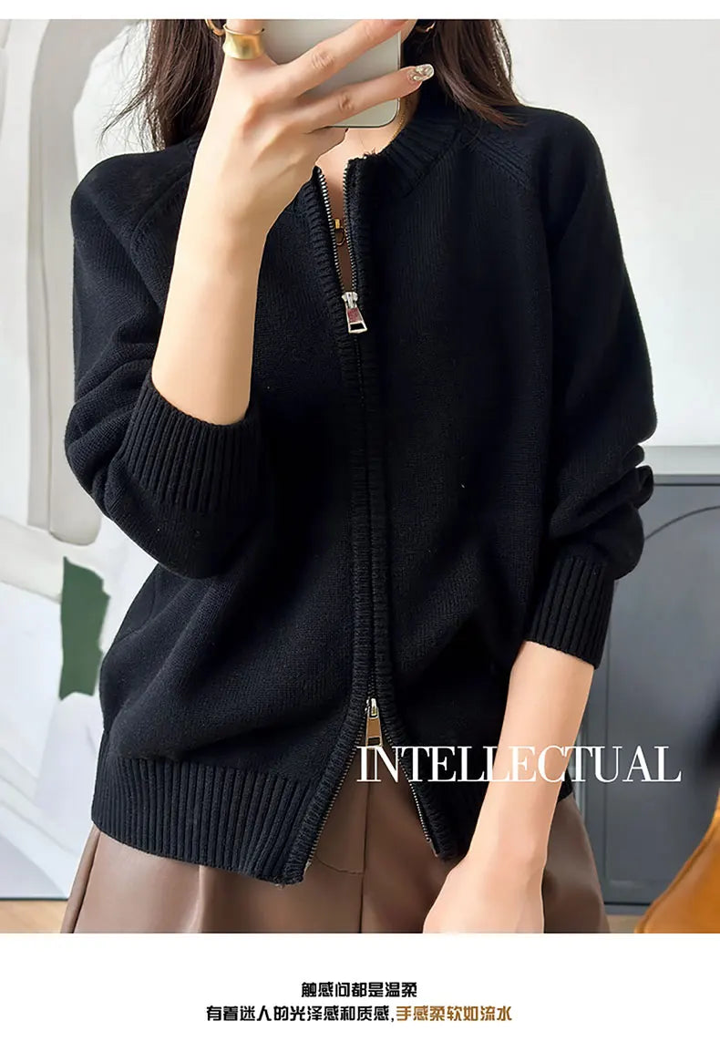 YTFidio 100% Cotton Women O-neck Thick Zipper  Solid Cardigan Luxury Designer Clothing Woman Pullover Female Tops 401