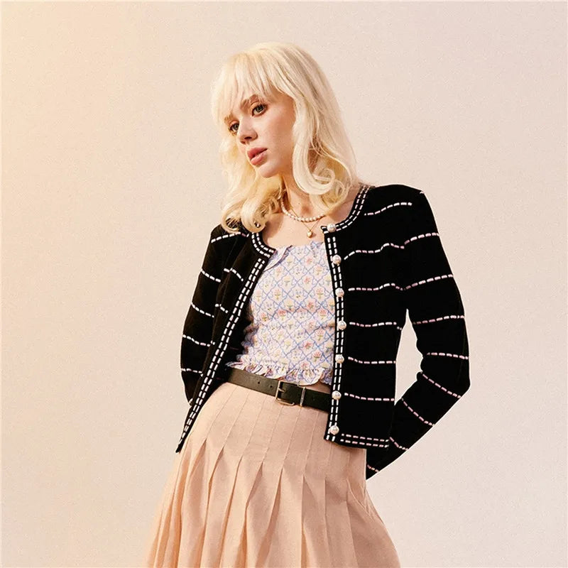 Striped 100% pure wool knitted cardigan women's round neck pearl button sweater jacket, spring autumn high-end slimming sweater