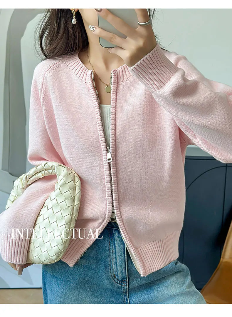 YTFidio 100% Cotton Women O-neck Thick Zipper  Solid Cardigan Luxury Designer Clothing Woman Pullover Female Tops 401
