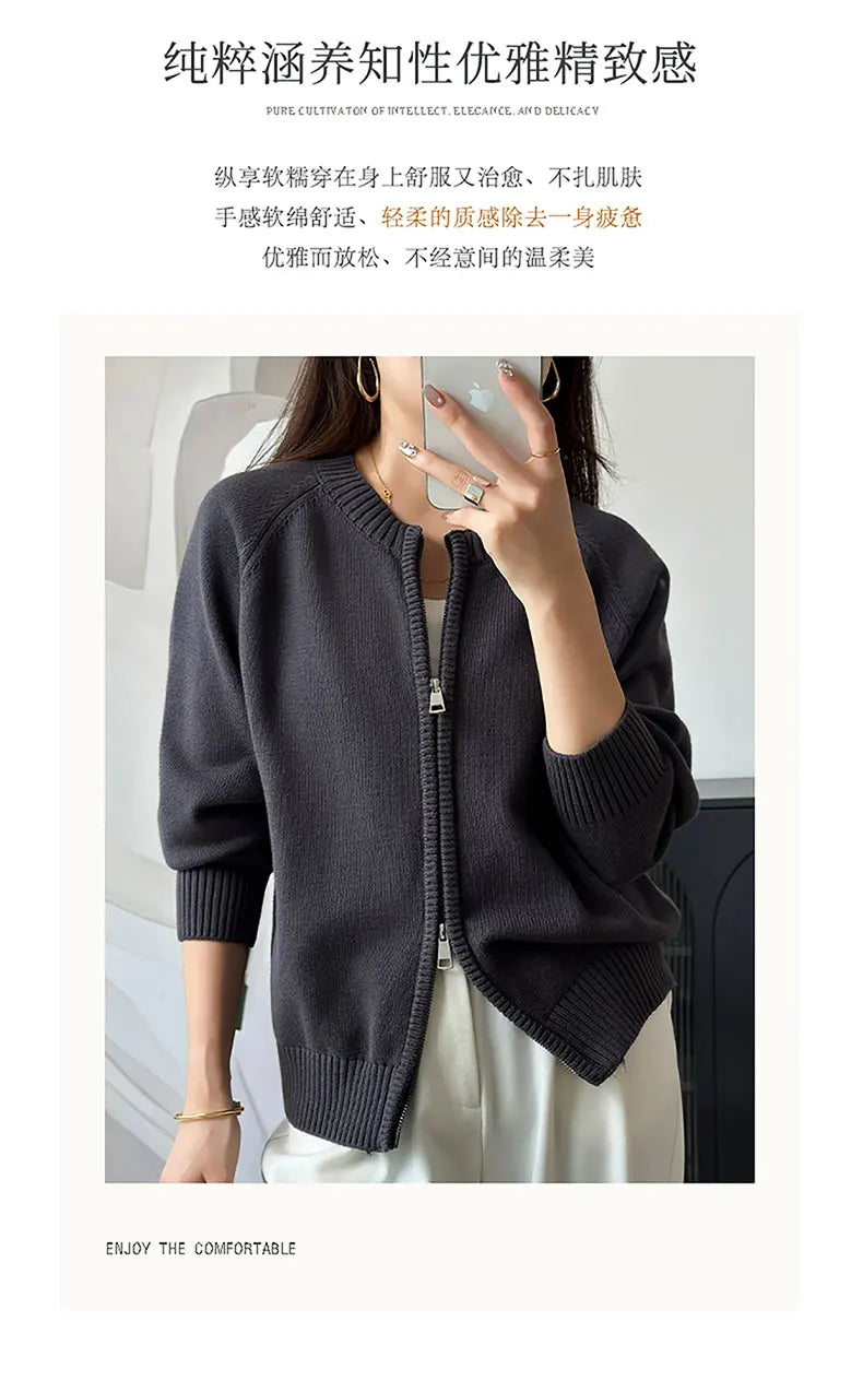 YTFidio 100% Cotton Women O-neck Thick Zipper  Solid Cardigan Luxury Designer Clothing Woman Pullover Female Tops 401