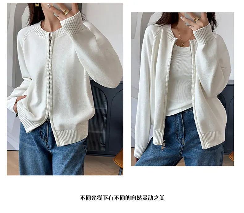 YTFidio 100% Cotton Women O-neck Thick Zipper  Solid Cardigan Luxury Designer Clothing Woman Pullover Female Tops 401