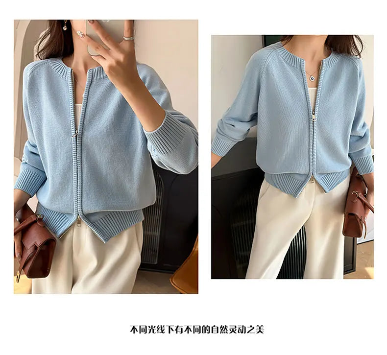 YTFidio 100% Cotton Women O-neck Thick Zipper  Solid Cardigan Luxury Designer Clothing Woman Pullover Female Tops 401