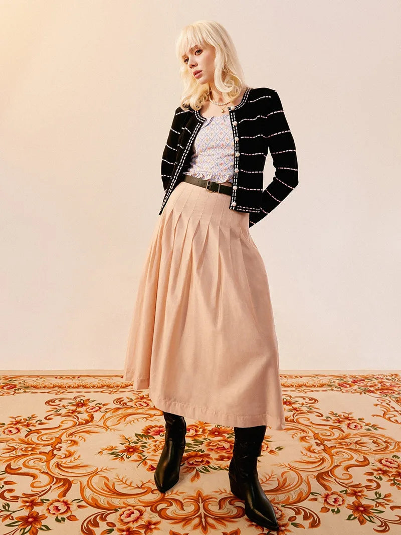Striped 100% pure wool knitted cardigan women's round neck pearl button sweater jacket, spring autumn high-end slimming sweater