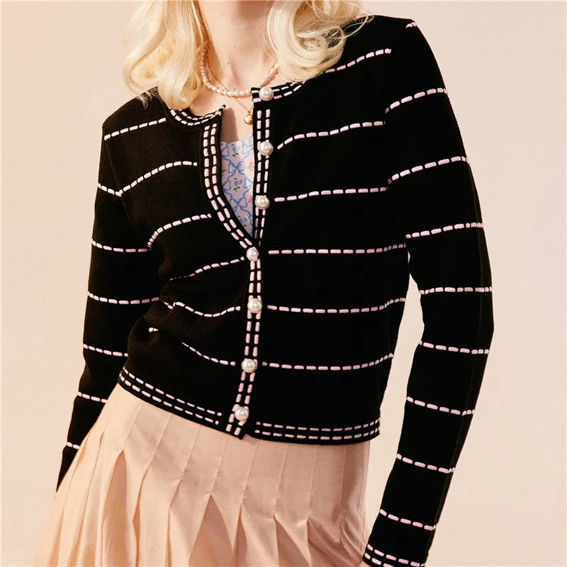 Striped 100% pure wool knitted cardigan women's round neck pearl button sweater jacket, spring autumn high-end slimming sweater