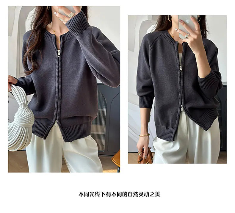 YTFidio 100% Cotton Women O-neck Thick Zipper  Solid Cardigan Luxury Designer Clothing Woman Pullover Female Tops 401