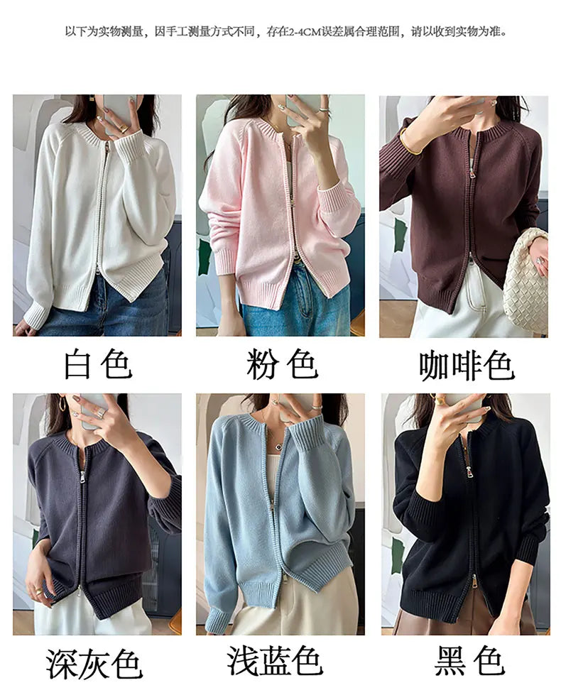 YTFidio 100% Cotton Women O-neck Thick Zipper  Solid Cardigan Luxury Designer Clothing Woman Pullover Female Tops 401