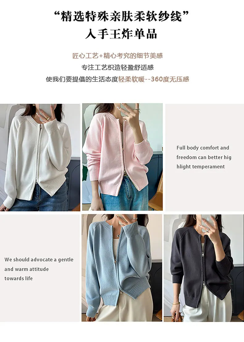 YTFidio 100% Cotton Women O-neck Thick Zipper  Solid Cardigan Luxury Designer Clothing Woman Pullover Female Tops 401