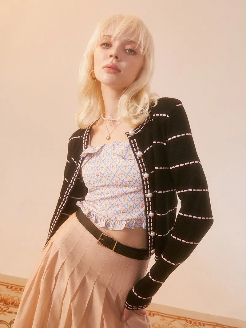 Striped 100% pure wool knitted cardigan women's round neck pearl button sweater jacket, spring autumn high-end slimming sweater
