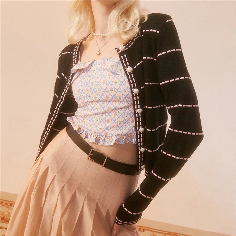 Striped 100% pure wool knitted cardigan women's round neck pearl button sweater jacket, spring autumn high-end slimming sweater
