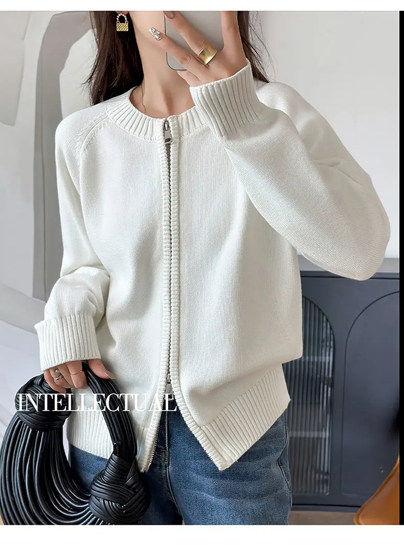 YTFidio 100% Cotton Women O-neck Thick Zipper  Solid Cardigan Luxury Designer Clothing Woman Pullover Female Tops 401