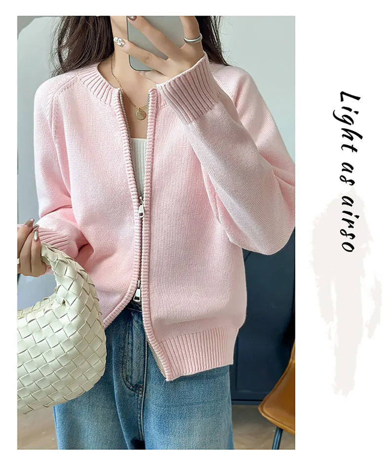 YTFidio 100% Cotton Women O-neck Thick Zipper  Solid Cardigan Luxury Designer Clothing Woman Pullover Female Tops 401