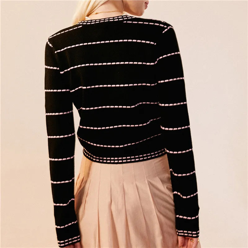 Striped 100% pure wool knitted cardigan women's round neck pearl button sweater jacket, spring autumn high-end slimming sweater