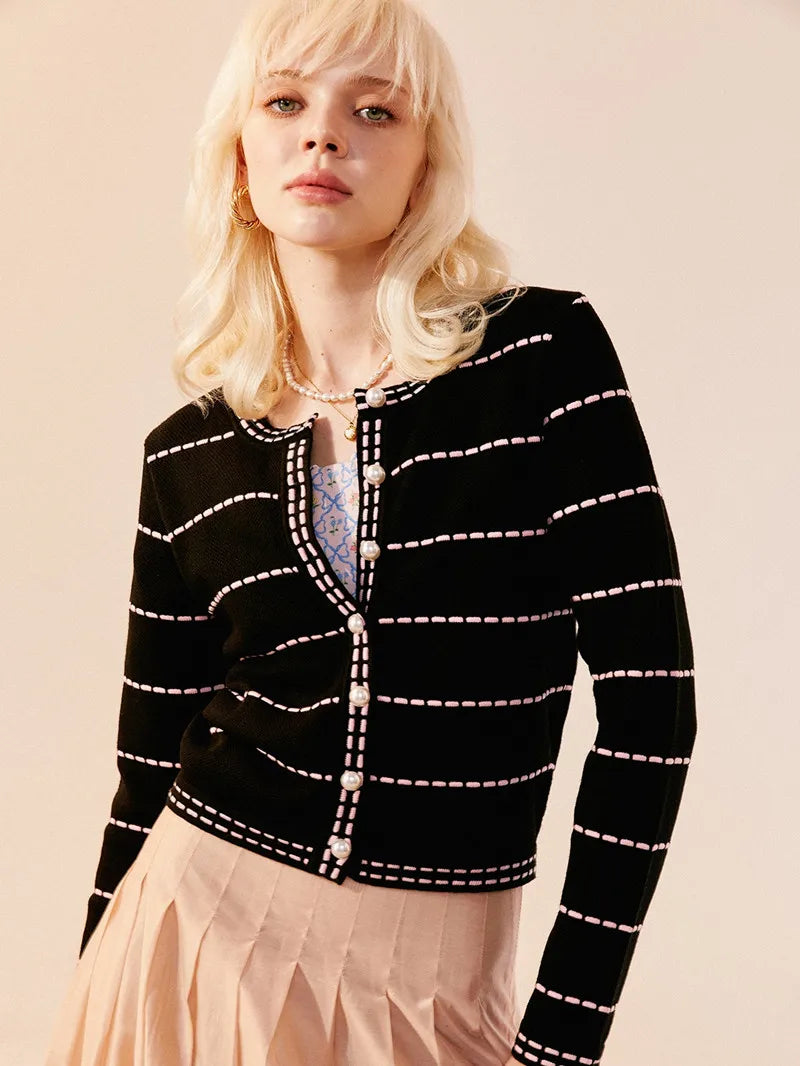 Striped 100% pure wool knitted cardigan women's round neck pearl button sweater jacket, spring autumn high-end slimming sweater