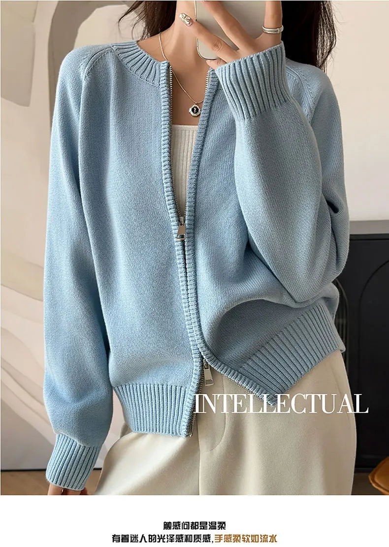 YTFidio 100% Cotton Women O-neck Thick Zipper  Solid Cardigan Luxury Designer Clothing Woman Pullover Female Tops 401