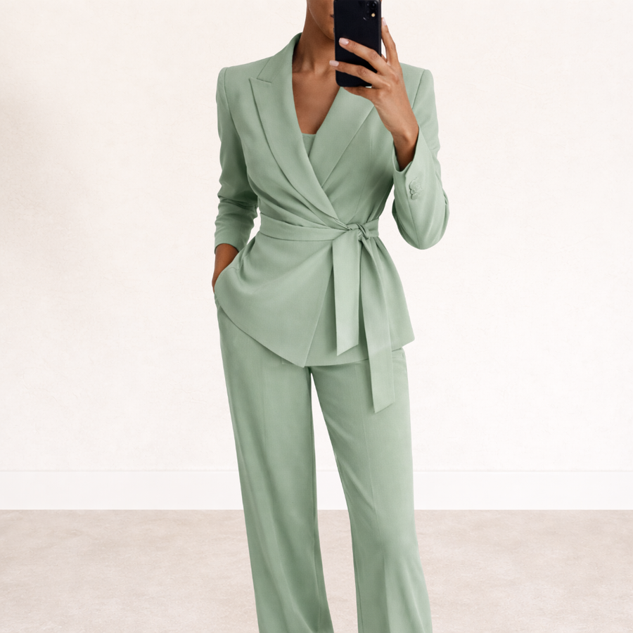 Women's Linen Tailored Tie Waist Blazer and Trouser Suit Set