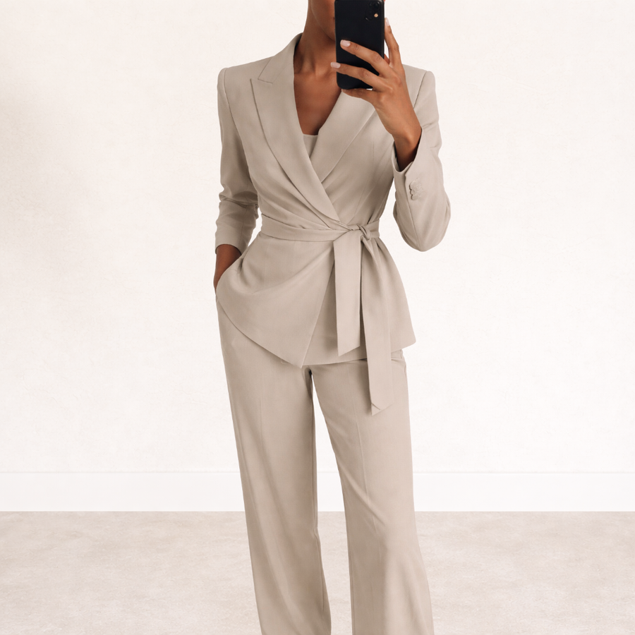 Women's Linen Tailored Tie Waist Blazer and Trouser Suit Set
