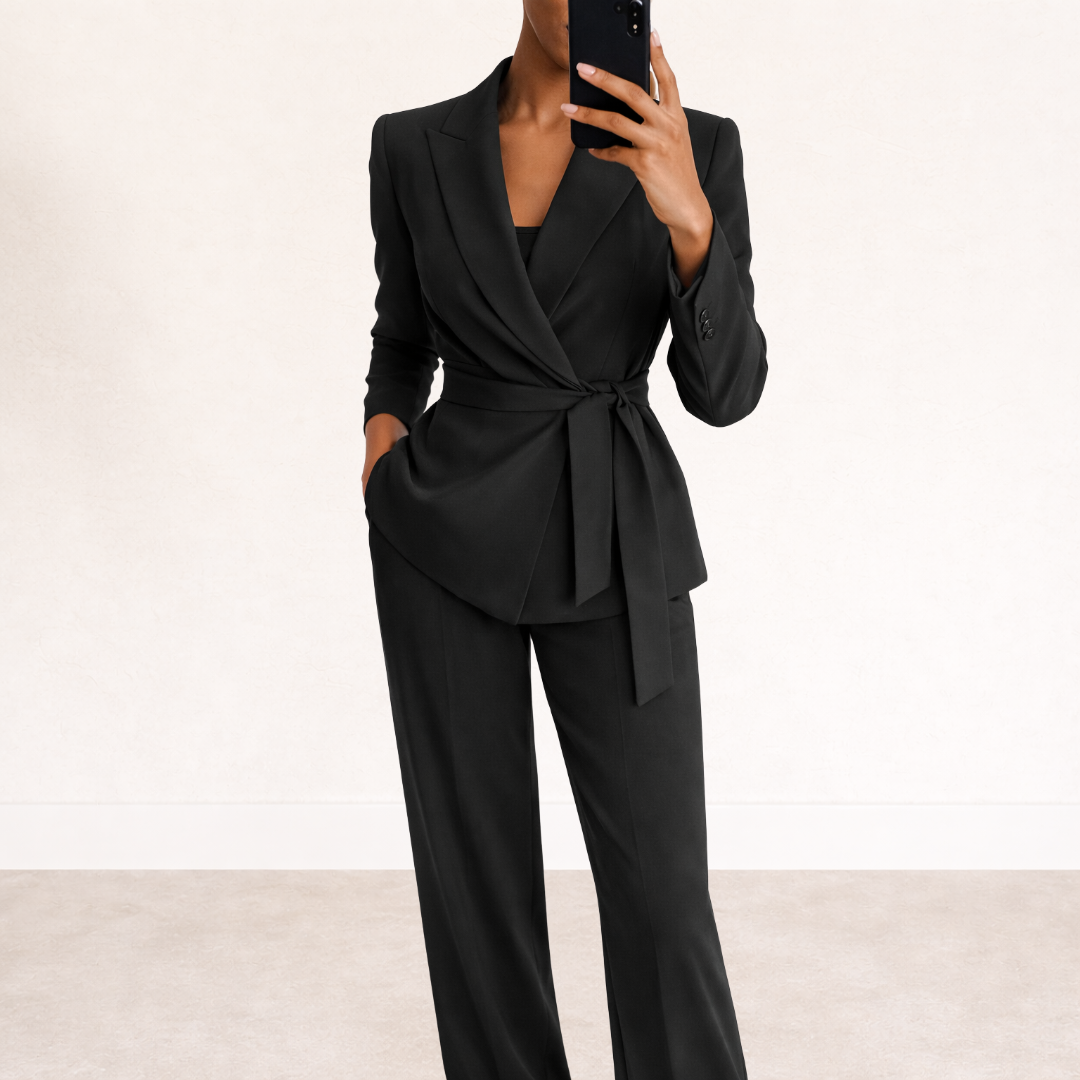 Women's Linen Tailored Tie Waist Blazer and Trouser Suit Set