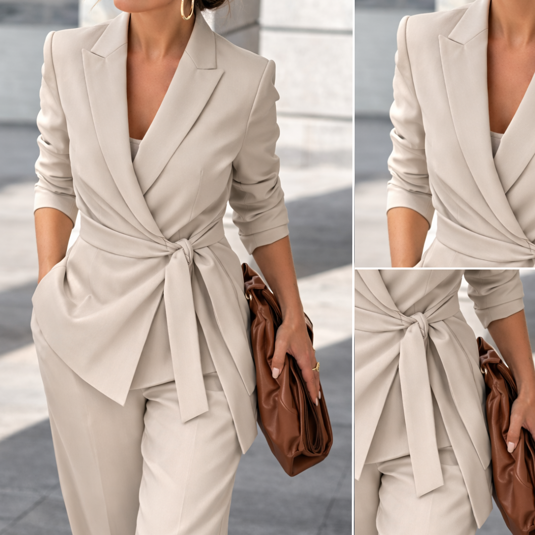 Women's Linen Tailored Tie Waist Blazer and Trouser Suit Set
