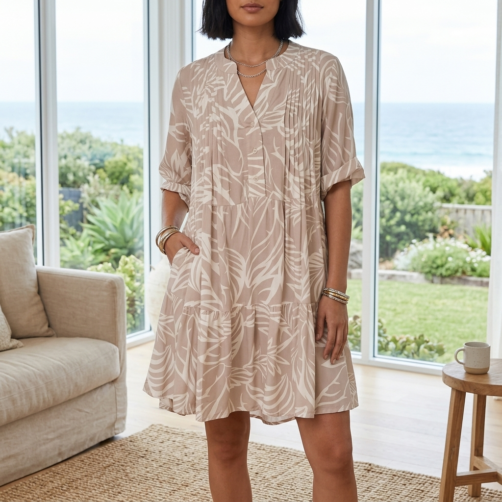 Evie Mini Dress - 3/4 Sleeve Tiered Smock Dress in Jeani Print Beige