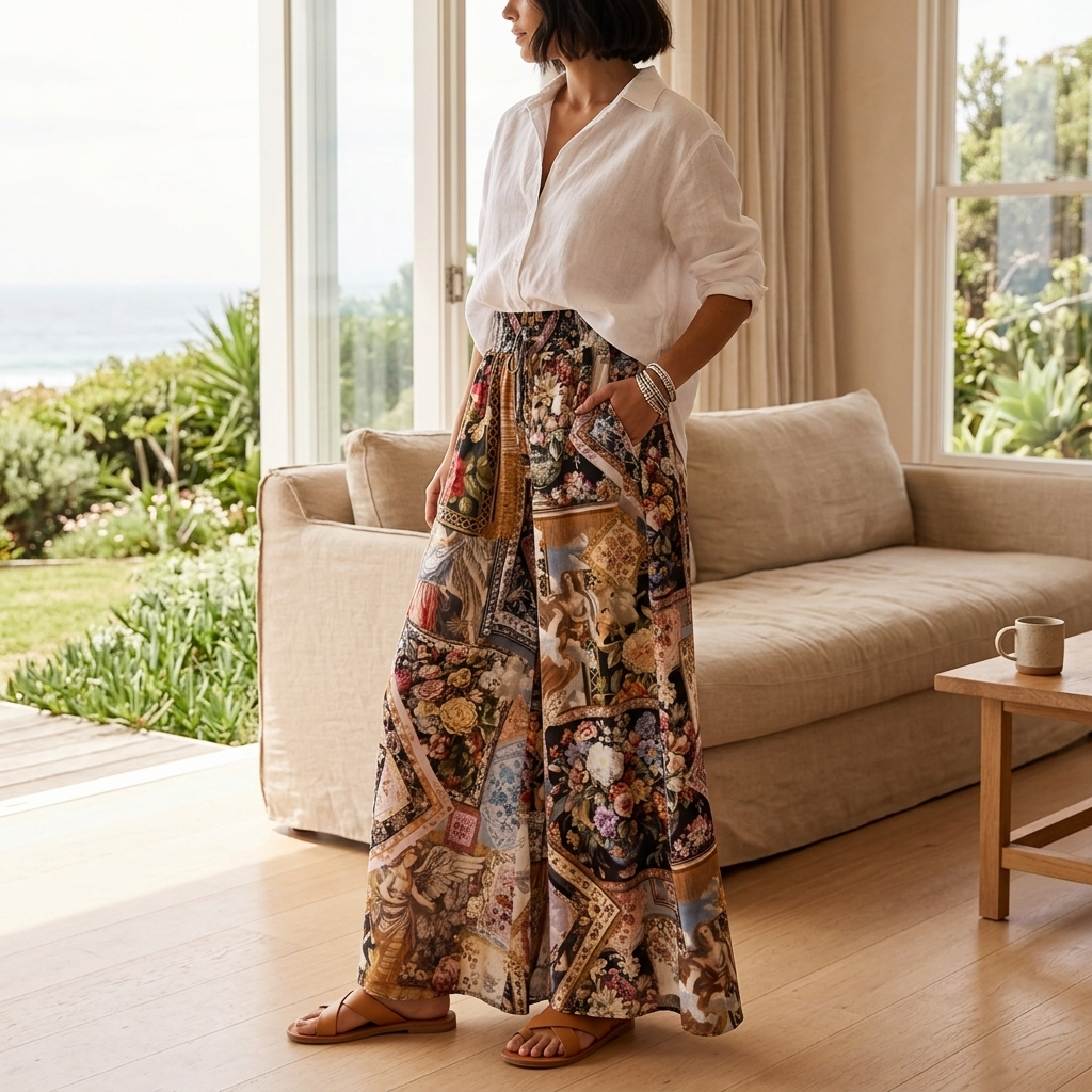 Avianna Pants - Paper Bag High Waisted Wide Leg Pants in Floral Print