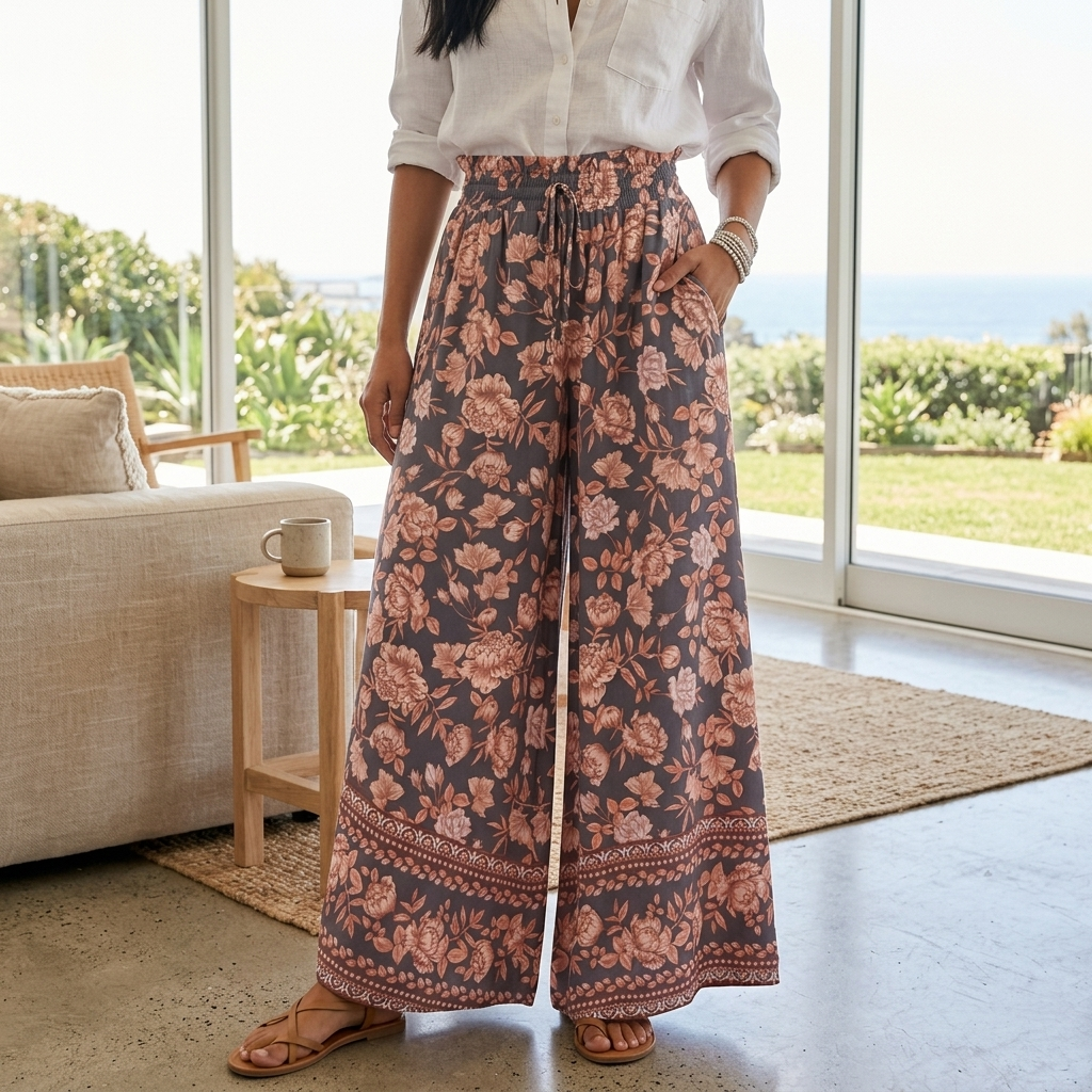 Avianna Pants - Paper Bag High Waisted Wide Leg Pants in Floral Print