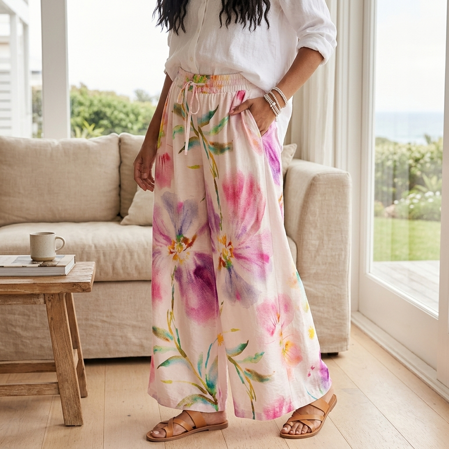 Avianna Pants - Paper Bag High Waisted Wide Leg Pants in Floral Print