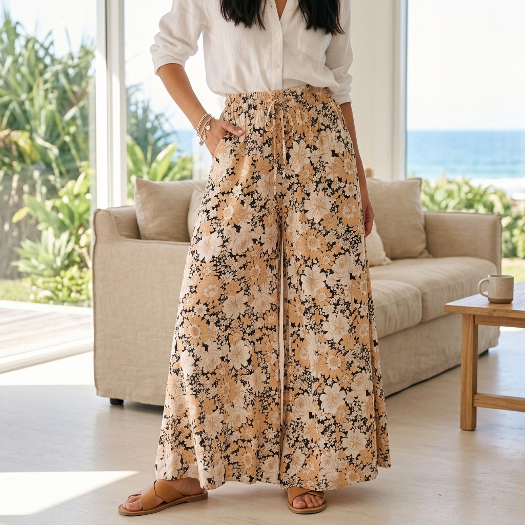 Avianna Pants - Paper Bag High Waisted Wide Leg Pants in Floral Print