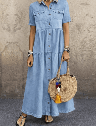 Elowen | Button-Front Denim Midi Dress - Rosalind Lane