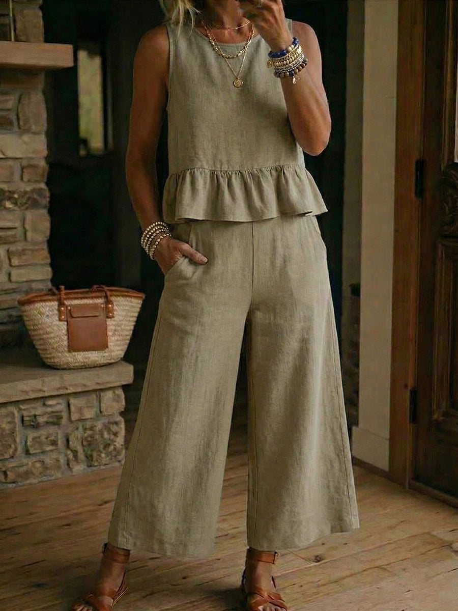 Women's Linen Two Piece Sleeveless Ruffle Top and Wide Leg Pant Set