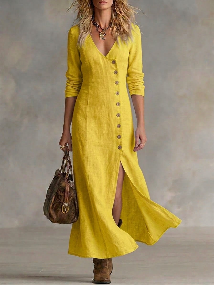 Women's Linen Blend V-Neck Split Hem Maxi Dress