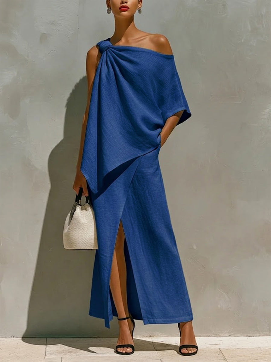 Women's One Shoulder Linen Knot Detail Maxi Skirt Set