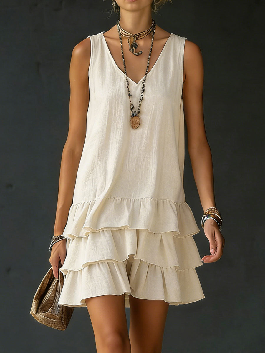 Women's Linen V-Neck Ruffle Hem Sleeveless Tunic Dress